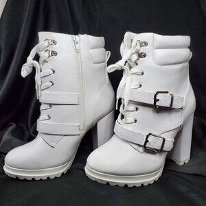 Shoedazzle Analisa Womens White Size 8E Block Heel Booties With Buckles & Laces